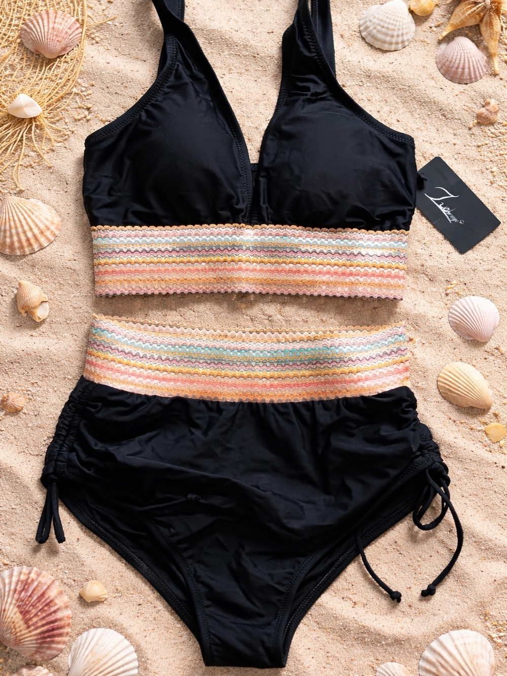 Black Bikini Set with Multicolor Zigzag Band